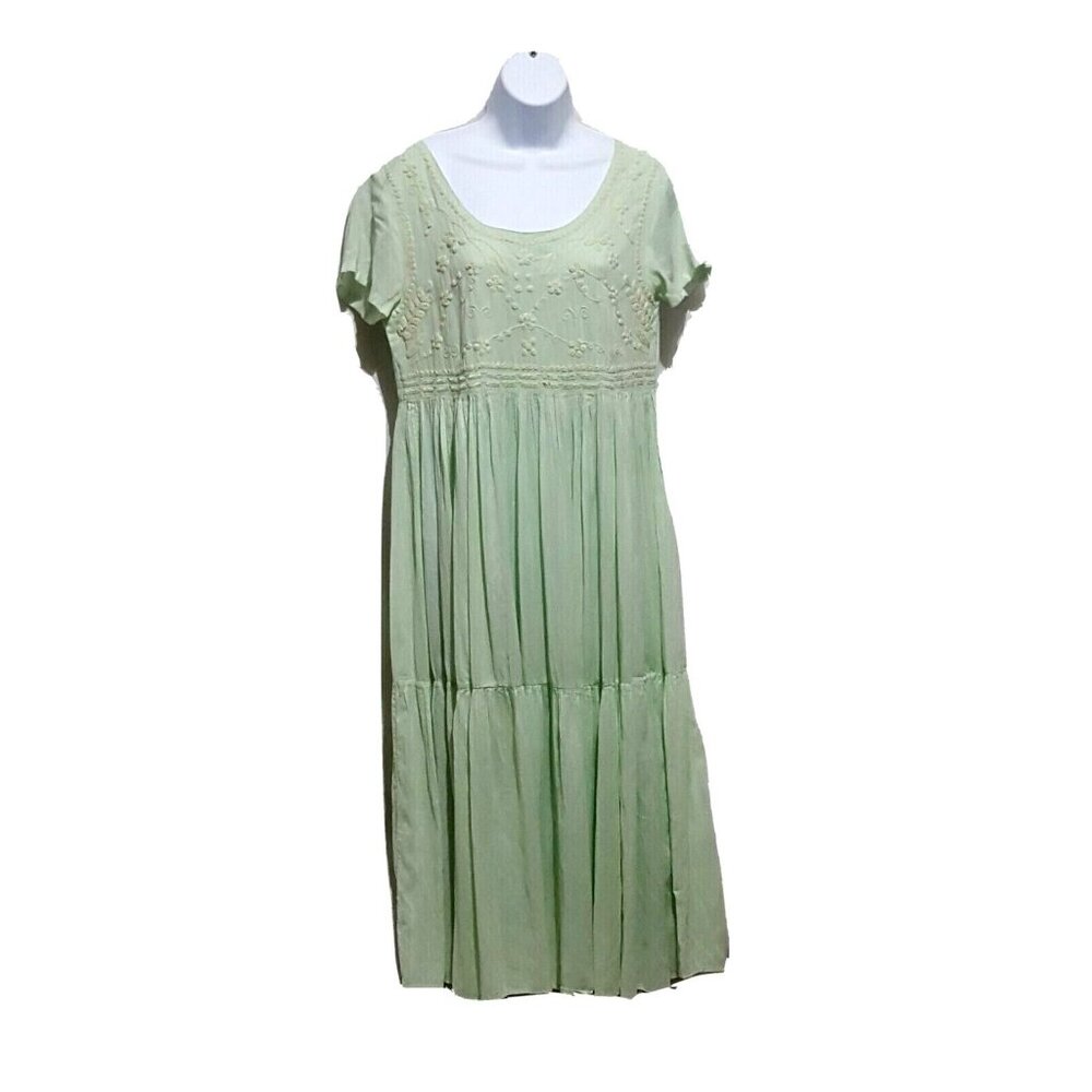 Vintage Midi Dress PM Cottage‎ Core Romantic Embroidery Green Peasant Tiered